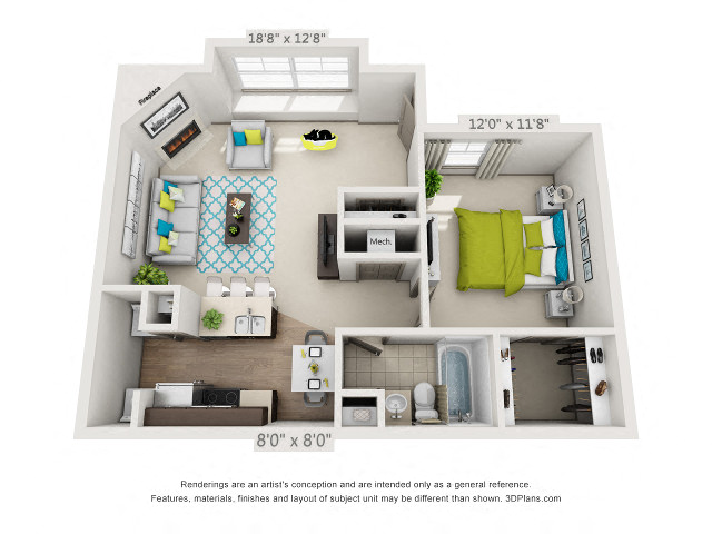 Floor plan for 1 bed, 1 bath, 686 sqft